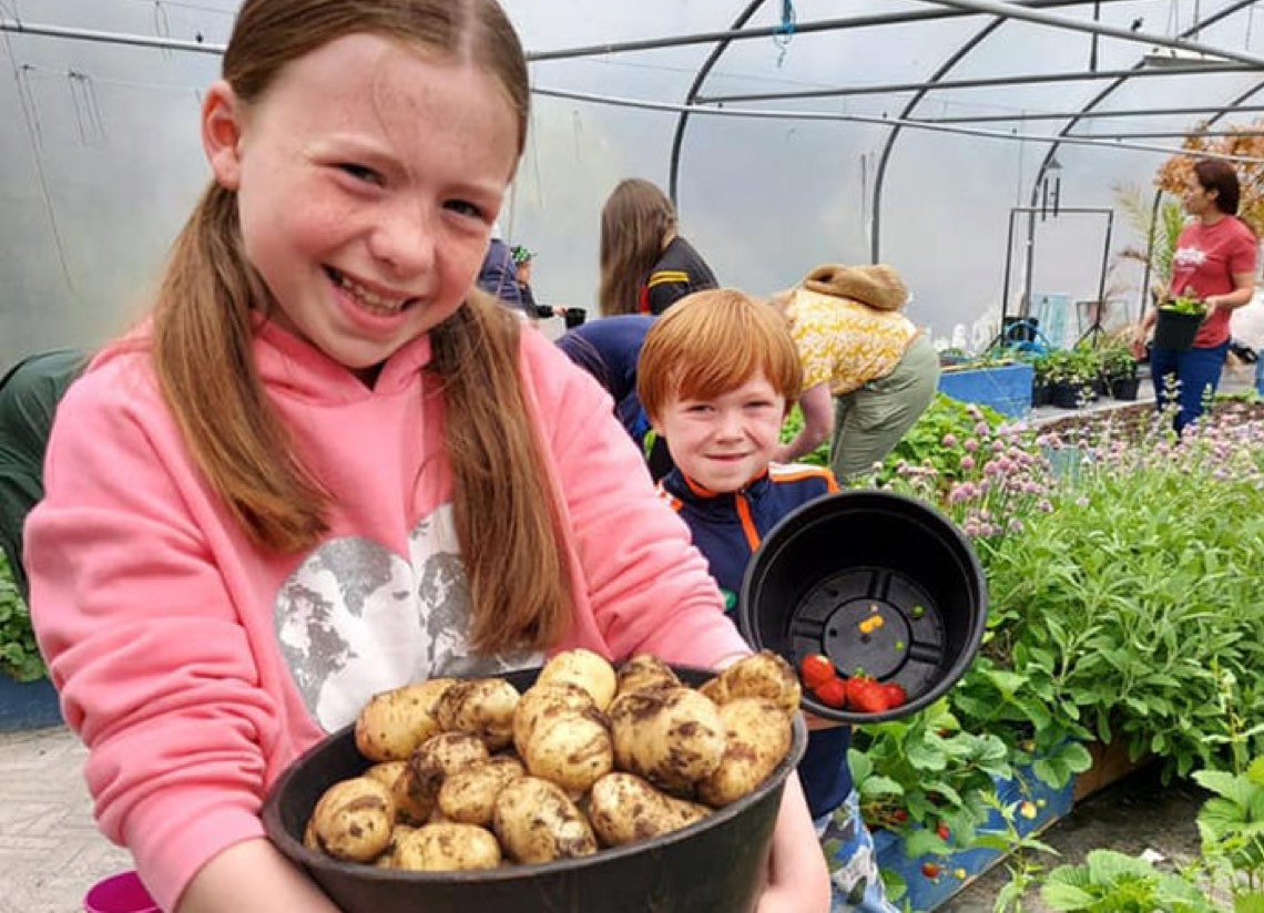 Harvesting potatoes at An Tobar CIC